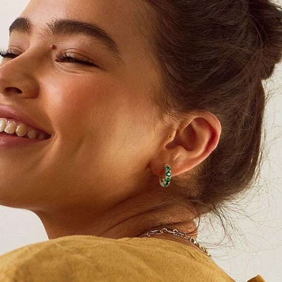 14K Yellow Gold 925 Sterling Silver Emerald Green Cubic Zirconia Huggie Earrings - Picture 4 of 7